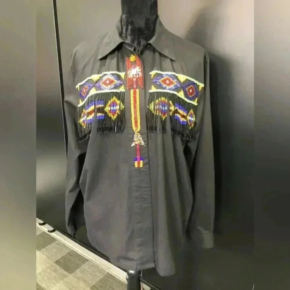 Lew Magram Beaded Western Indian Aztec Seed Bead Fringe button down - Vintage - Picture 1 of 12
